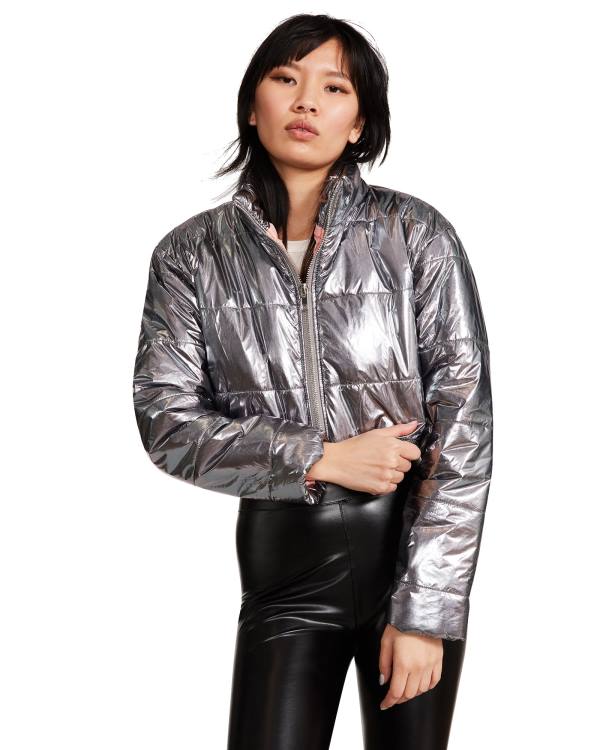 Jacheta Dama Steve Madden Cropped Metallic Puffer Gunmetal Bronze | SM-027GQ