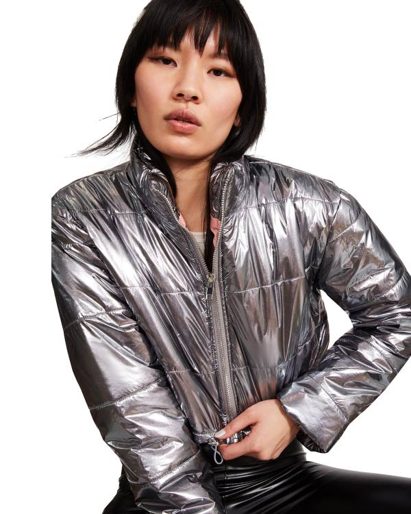 Jacheta Dama Steve Madden Cropped Metallic Puffer Gunmetal Bronze | SM-027GQ