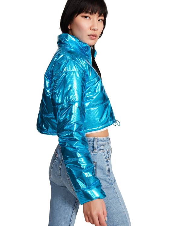 Jacheta Dama Steve Madden Cropped Metallic Puffer Albastri | SM-048QG