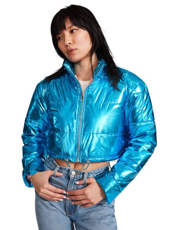 Jacheta Dama Steve Madden Cropped Metallic Puffer Albastri | SM-048QG