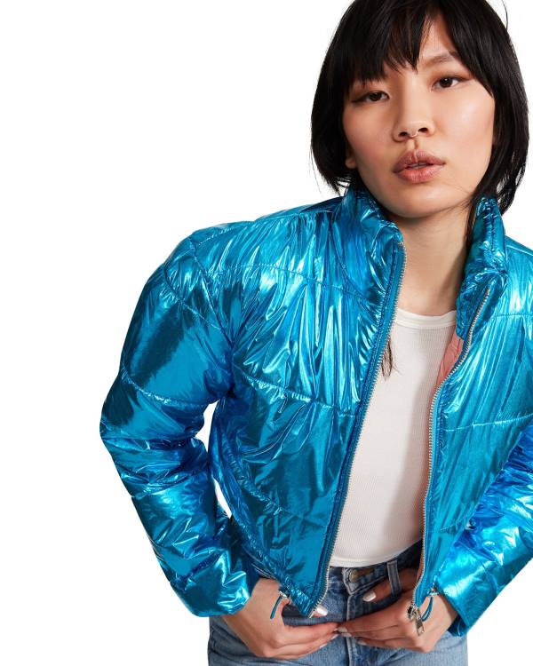 Jacheta Dama Steve Madden Cropped Metallic Puffer Albastri | SM-048QG