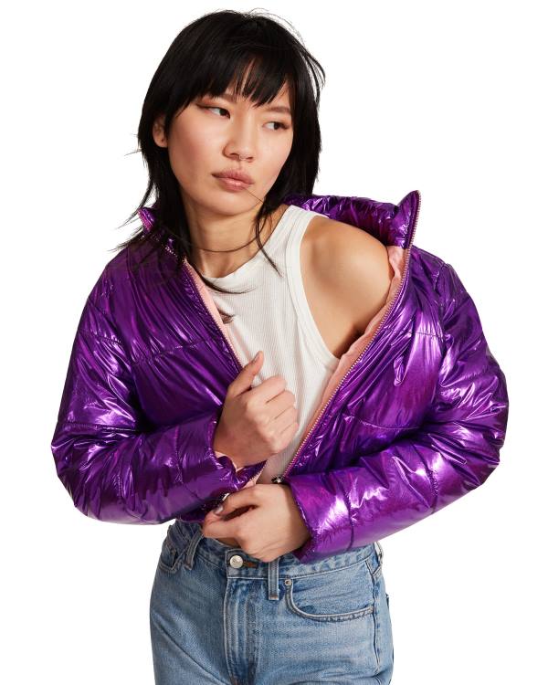 Jacheta Dama Steve Madden Cropped Metallic Puffer Violet | SM-716WA