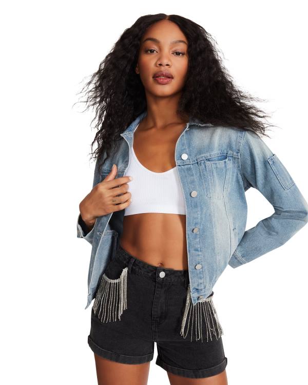 Jacheta Dama Steve Madden Rhinestone Fringe Denim Albastri | SM-302PU