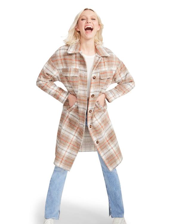 Paltoane Dama Steve Madden Long Plaid Taupe Gri Maro | SM-726GO