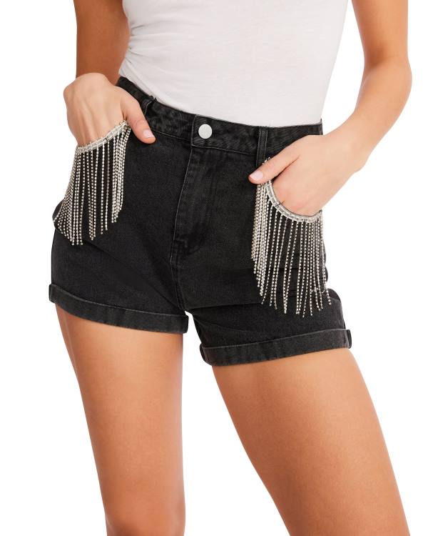 Pantaloni Scurti Dama Dama Steve Madden Rhinestone Fringe Negrii | SM-437HF