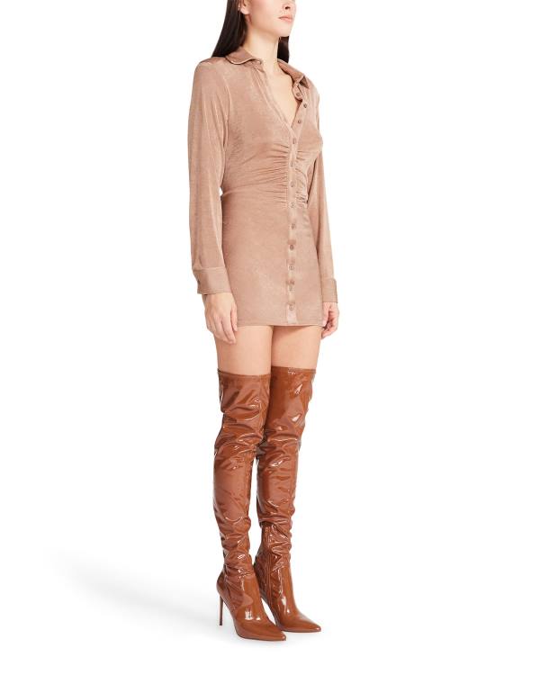 Rochie Dama Steve Madden Long Sleeve Button Up Camel Fabric Maro | SM-390HK