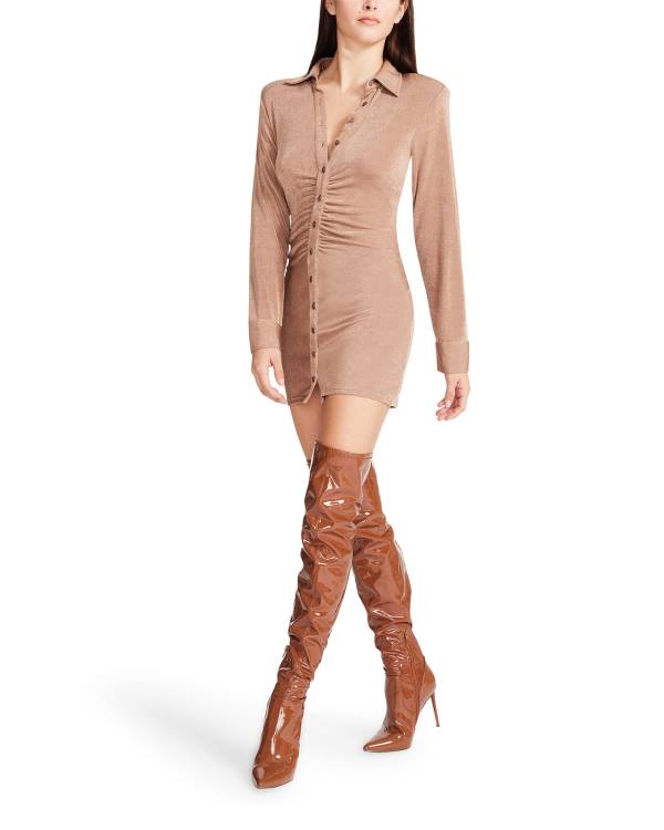 Rochie Dama Steve Madden Long Sleeve Button Up Camel Fabric Maro | SM-390HK