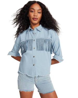 Topuri Dama Steve Madden Denim Fringe Button Up Albastri | SM-863PW